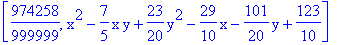 [974258/999999, x^2-7/5*x*y+23/20*y^2-29/10*x-101/20*y+123/10]